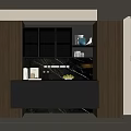 Modern Dark Wood Sideboard with Marble Countertop Fruits Coffee Machine Lamp and Storage Cabinets