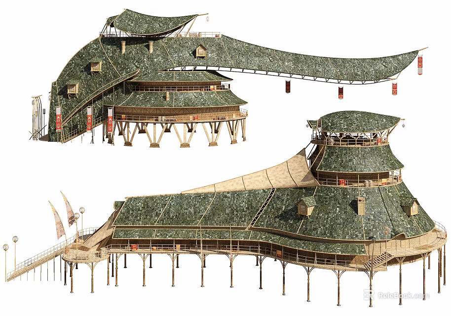 Traditional Style Residential Buildings With Green Curved Roofs And Stilted Structure 3d model 