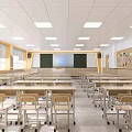Modern School Classroom Interior With Desks Blackboard Windows And Photo Wall