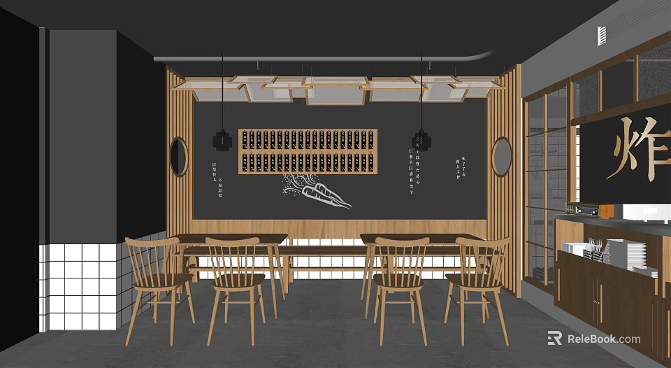 Modern Restaurant Interior With Wooden Tables Chairs Blackboard Wall And Pendant Lights 3d model 