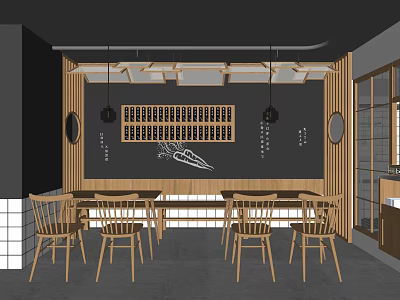 Modern Restaurant Interior With Wooden Tables Chairs Blackboard Wall And Pendant Lights 3d model