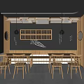 Modern Restaurant Interior With Wooden Tables Chairs Blackboard Wall And Pendant Lights