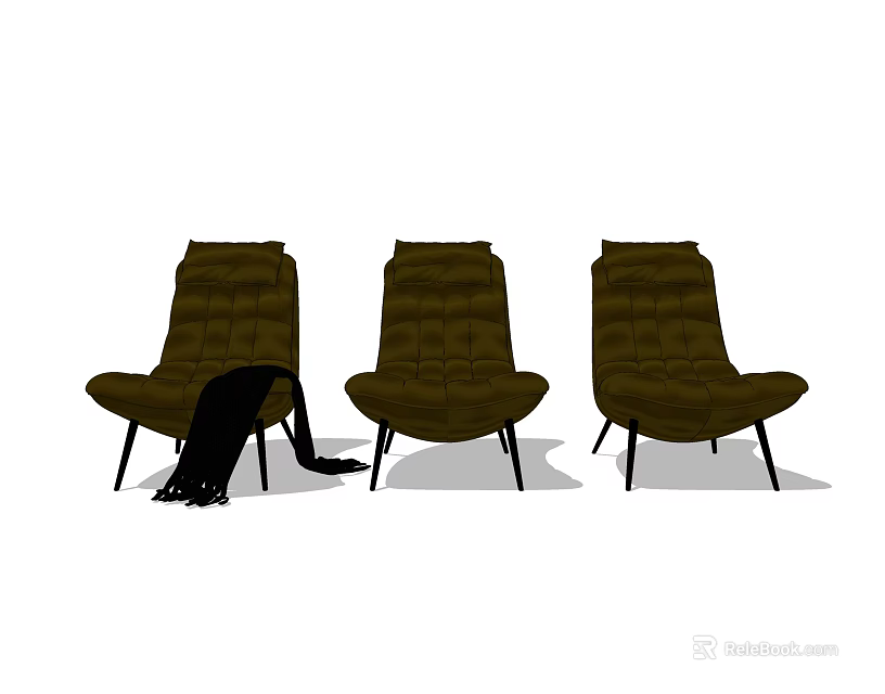Three Dark Brown Tufted Armchairs With Black Slim Legs For Interior Design 3d model 