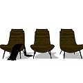 Three Dark Brown Tufted Armchairs With Black Slim Legs For Interior Design