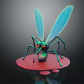 Mosquito Character With Blue Wings Green Body Red Eyes On Red Platform And Liquid Drops