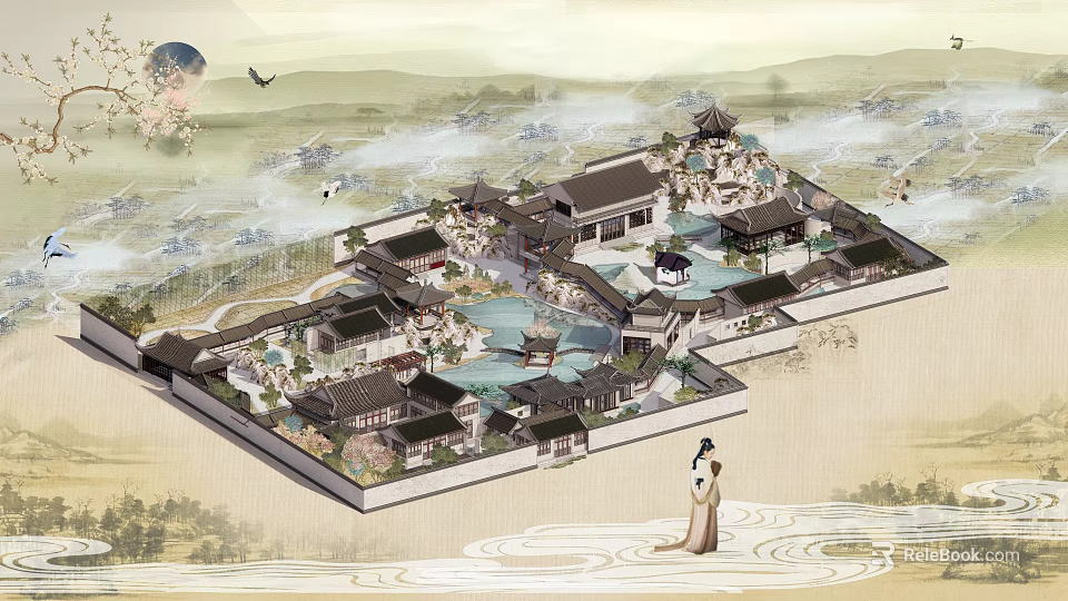 Traditional Chinese Ancient Architecture Complex With Courtyards Ponds And Classic Roof Design 3d model 