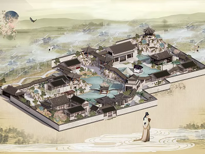 Traditional Chinese Ancient Architecture Complex With Courtyards Ponds And Classic Roof Design 3d model