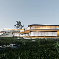 Modern Sales Office Building with Curved Glass Facade Surrounded by Grass Trees and Illuminated Interior