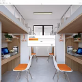 Modern School Dorm Room With Numbered Beds Desks Computers Orange Chairs And Plants 3d model