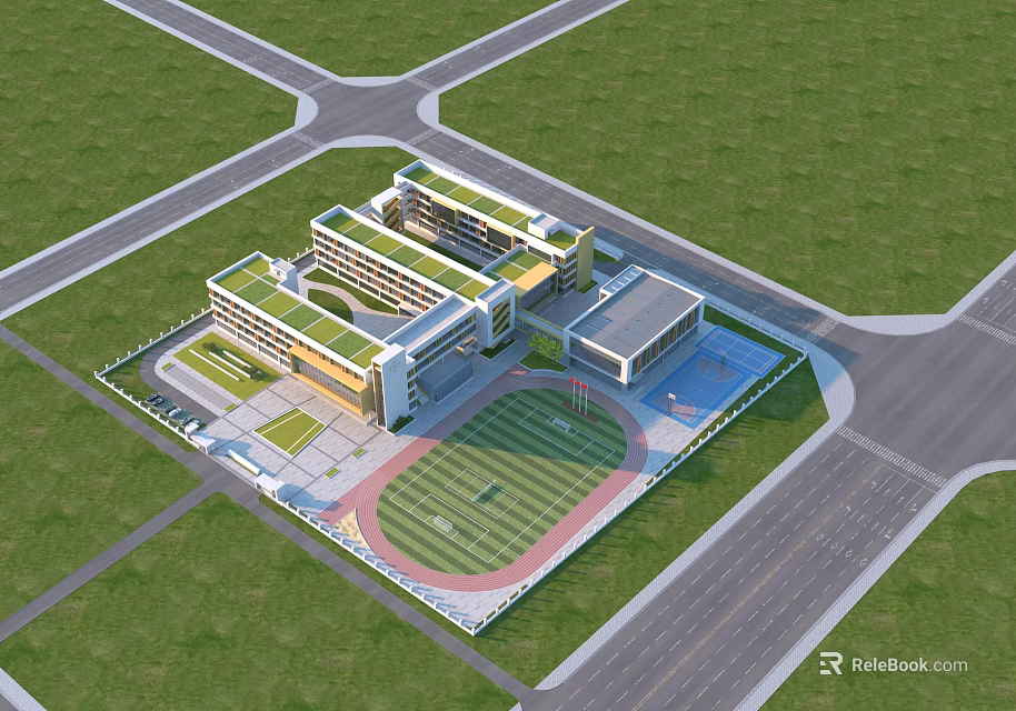 Modern School Building With Green Roof Sports Field And Surrounding Green Lawn 3d model 