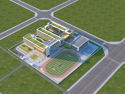 Modern School Building With Green Roof Sports Field And Surrounding Green Lawn 3d model