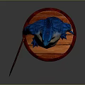 3D Game Movie Character With Blue Skin Potbellied Wielding Red Weapon Standing on Base