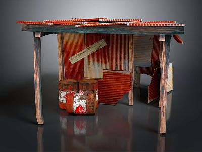 Rustic Wooden Cabin Structure With Corrugated Metal Roof Weathered Planks And Decorative Barrel 3d model