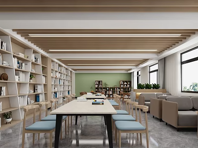Modern Library Reading Space Interior Design With Bookshelves Sofas And Plants 3d model