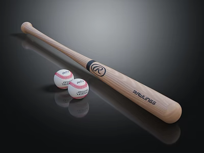 Professional Wooden Baseball Bat With Official Logo And Two Balls 3d model