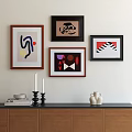 Gallery Wall Featuring Abstract Art Geometric Patterns And Frames Above Cabinet With Candlesticks And Vases 3d model