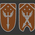 Medieval Orange Shield With Silver Eagle Wings Crossed Swords And Star Motifs