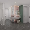 Modern Public Restroom Featuring White Toilet Marble Walls And Decorative Stand