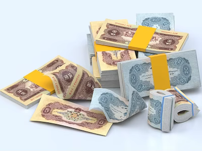 Assorted Rolled Household Paper Products With Yellow Straps And Stacked Loose Sheets 3d model