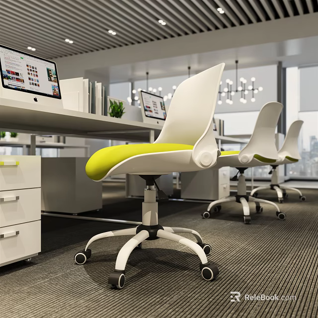 Comfortable Office Chair With White Frame And Yellow Seat In Modern Office 3d model 