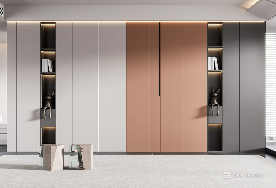 Modern Wardrobe Design Featuring Light Gray And Beige Panels Open Shelves With Books And Decor 3d model 