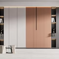 Modern Wardrobe Design Featuring Light Gray And Beige Panels Open Shelves With Books And Decor