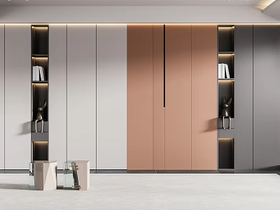 Modern Wardrobe Design Featuring Light Gray And Beige Panels Open Shelves With Books And Decor 3d model