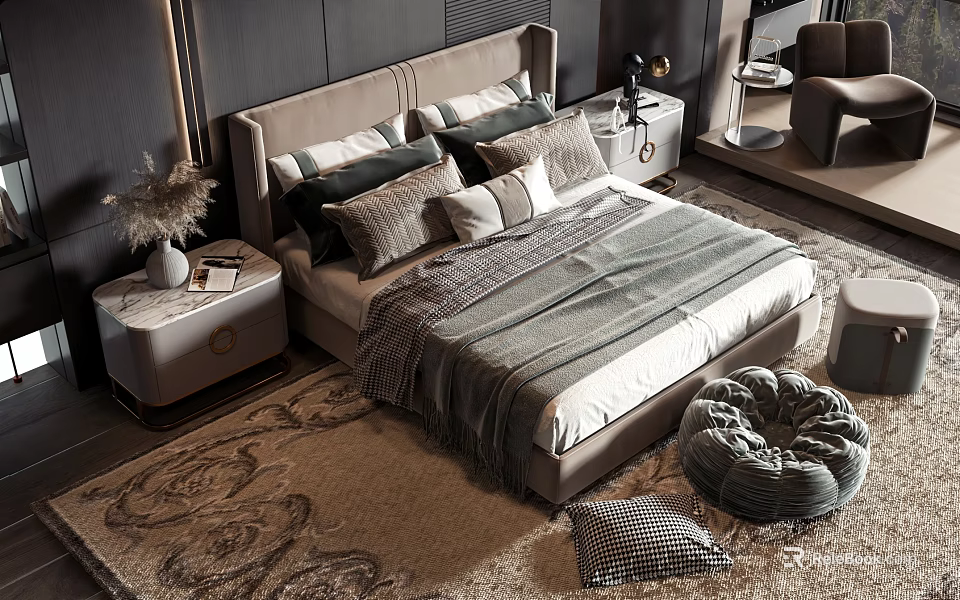 Modern Double Bed with Gray Headboard Plush Pillows and Striped Blanket Nightstand on Beige Rug 3d model 