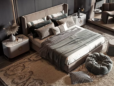 Modern Double Bed with Gray Headboard Plush Pillows and Striped Blanket Nightstand on Beige Rug 3d model