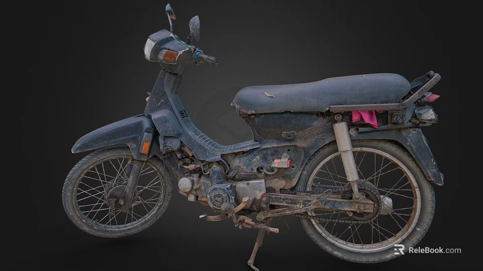 Old Motorcycle With Worn Black Seat Rusty Metal Parts And Red Cloth Decoration 3d model 
