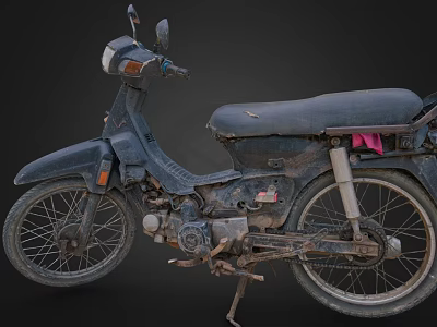 Old Motorcycle With Worn Black Seat Rusty Metal Parts And Red Cloth Decoration 3d model