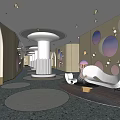 Luxury Hotel Corridor With Circular Windows Modern Lighting And Sofa Seating 3d model