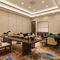 Luxury Mahjong Hall Interior With Multiple Tables Chairs Wine Cabinet Decorative Paintings And Patterned Carpet