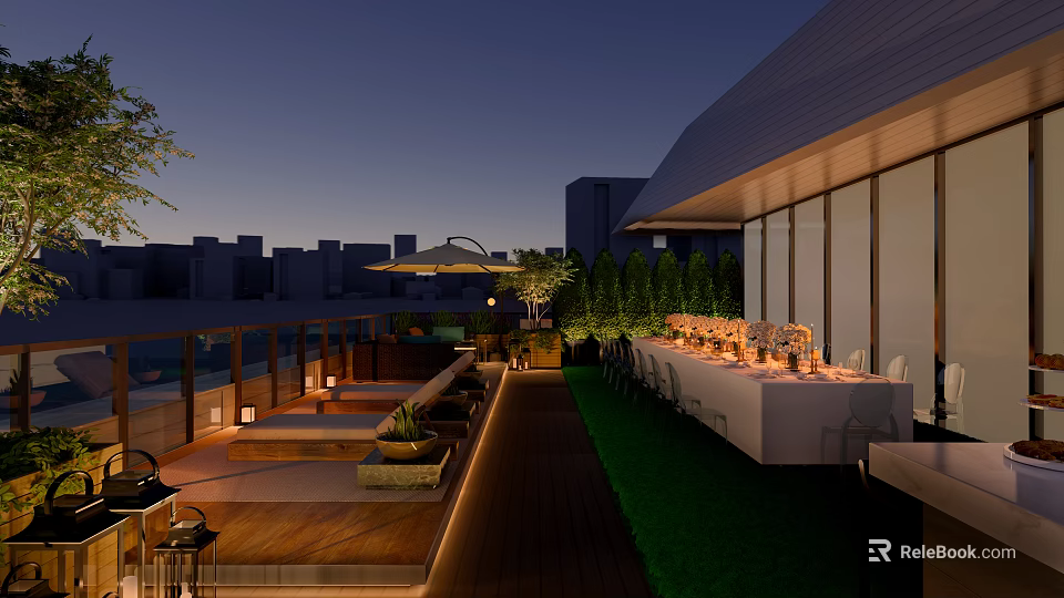 Roof Garden With Outdoor Dining Seating Green Plants Evening Lighting And City View 3d model 