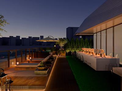 Roof Garden With Outdoor Dining Seating Green Plants Evening Lighting And City View 3d model