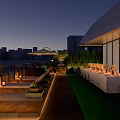 Roof Garden With Outdoor Dining Seating Green Plants Evening Lighting And City View