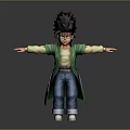 Anime Style 3D Character With Spiky Black Hair Green Coat Blue Jeans And Open Arms