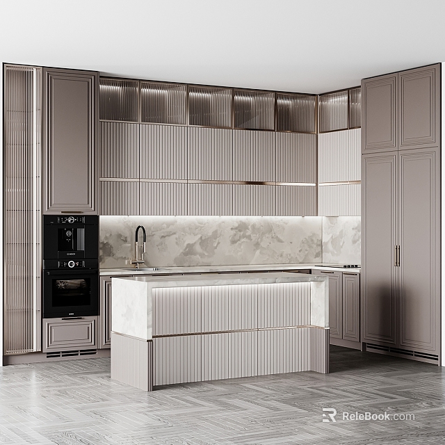 Elegant Modern Kitchen Interior With Gray Cabinets Marble Countertop Island And Coffee Appliances 3d model 