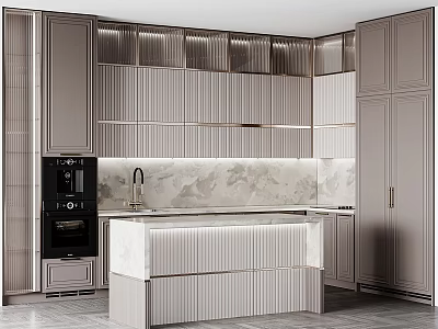 Elegant Modern Kitchen Interior With Gray Cabinets Marble Countertop Island And Coffee Appliances 3d model