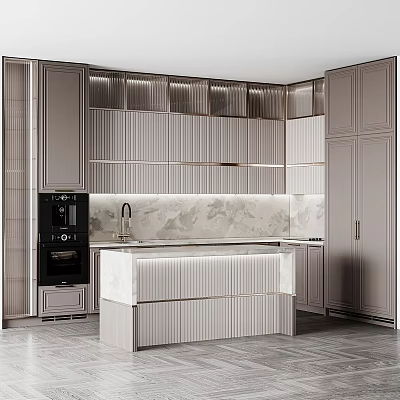 Elegant Modern Kitchen Interior With Gray Cabinets Marble Countertop Island And Coffee Appliances 3d model