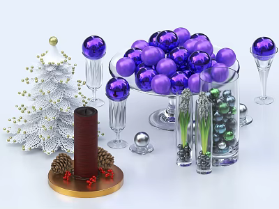 Christmas Decorations With White Tree Purple Ornaments Wine Glasses Candle And Green Plants 3d model