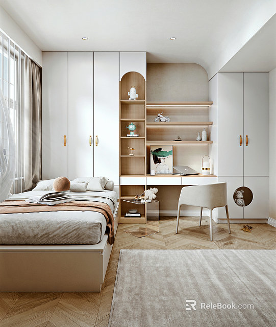 Modern Tatami Bedroom Interior With White Cabinets Wooden Shelves And Desk Chair 3d model 