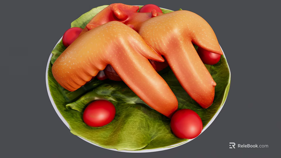 Appetizing Grilled Chicken Drumsticks on Green Leaves with Red Cherry Tomatoes on White Plate 3d model 
