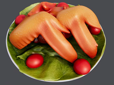 Appetizing Grilled Chicken Drumsticks on Green Leaves with Red Cherry Tomatoes on White Plate 3d model