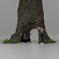 Giant Tree Shaped Art Installation With Arched Opening And Green Plants For People Interaction