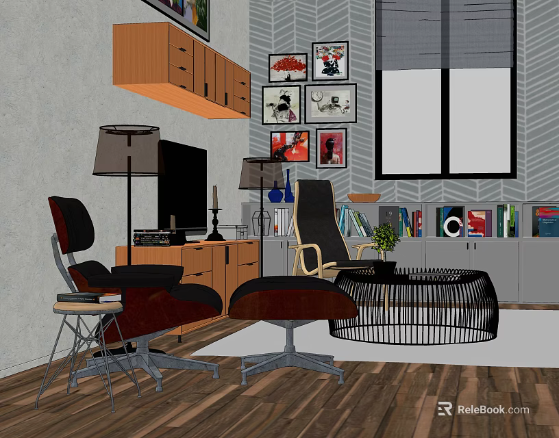 Modern Recliner Chair In Living Room With Floor Lamp Bookshelf And Green Plant 3d model 