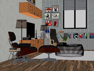 Modern Recliner Chair In Living Room With Floor Lamp Bookshelf And Green Plant 3d model