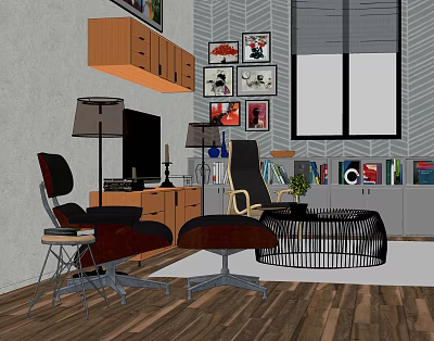 Modern Recliner Chair In Living Room With Floor Lamp Bookshelf And Green Plant 3d model