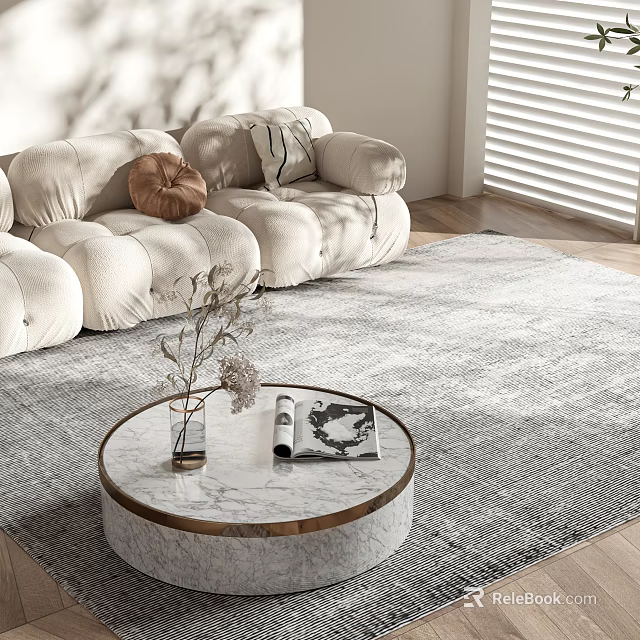 Gold Framed Round Marble Coffee Table With Vase Flowers And Magazine In Bright Living Room 3d model 