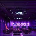 Modern Bar With Purple Lighting Round Tables Orange Cushioned Chairs Circular Lights And Geometric Decor